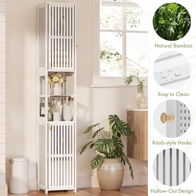 Amazer White Bathroom Storage Cabinet 70'', Bamboo Slim Storage Cabinet - Image 3