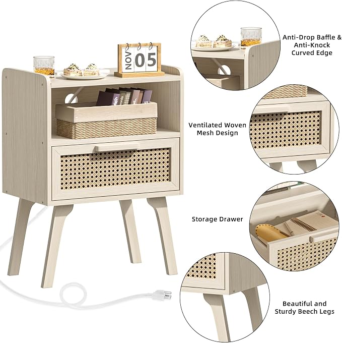 Lerliuo Rattan Nightstand with Charging Station, Side Table with Drawer Open - Image 9
