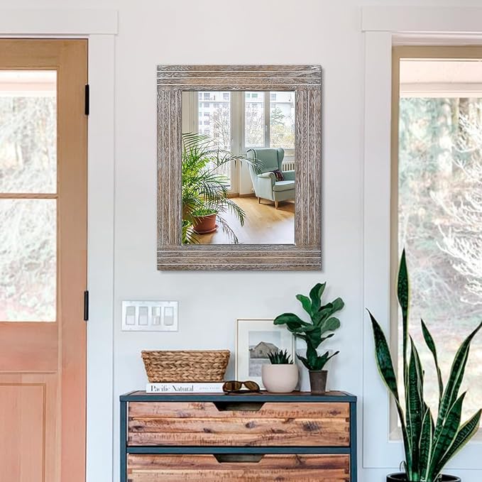 Mirrors for Wall Rustic Wooden Frame Rectangle Mirror Vintage Hanging Mirror - Image 3