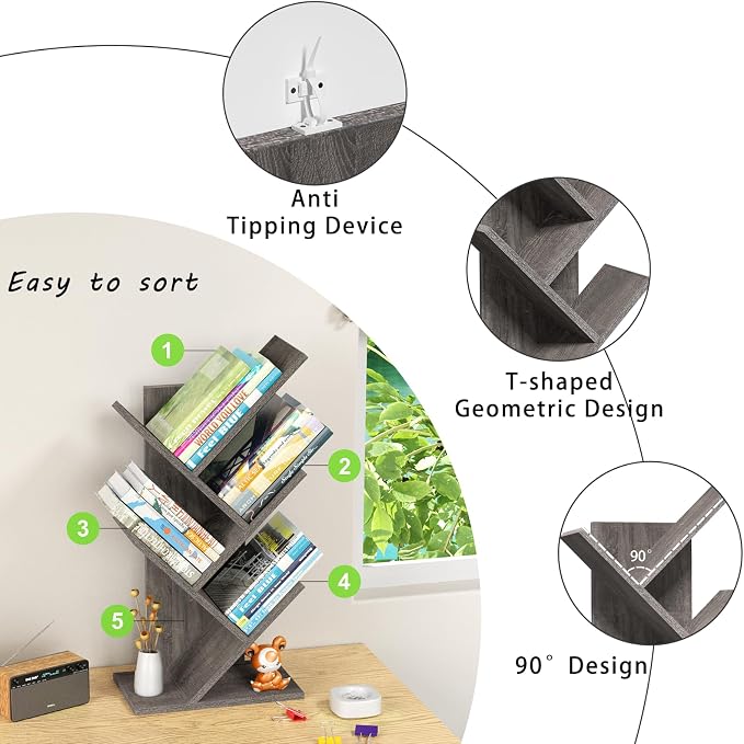 SHEEPAM 5 Tier Tree Book Shelf, Small Desktop Bookshelf - Image 7