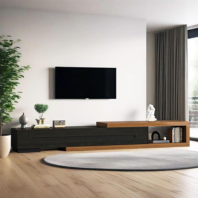 Extendable TV Stand with 2 Drawers, Long Reversible Entertainment Center with by CayugaCrekrd