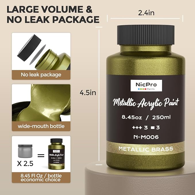 Nicpro Metallic Brass Acrylic Paint, 8.45oz/250ml Large Brass Leaf Paint - Image 7
