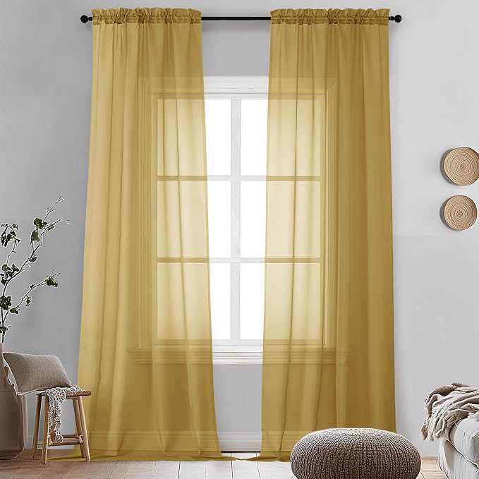 Gold Sheer Curtains 90 Inches Long 2 Panels by OVZME
