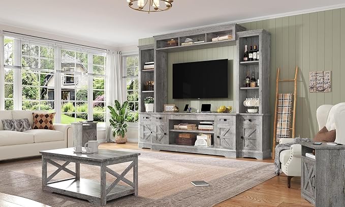 AMERLIFE 98" Farmhouse Entertainment Center Fits 75" TVs, Wall Unit by AMERLIFE