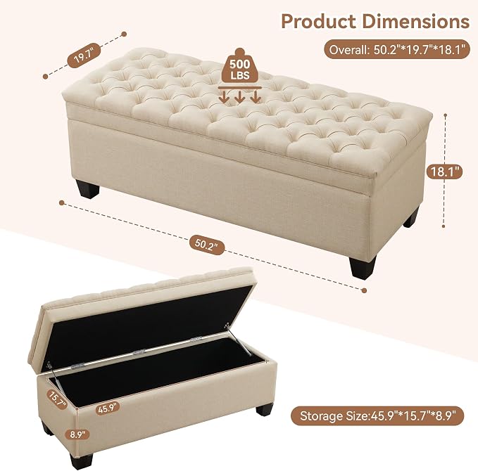 WUTUTUEE 51" Fabric Storage Ottoman Bench, Upholstered Rectangle End of Bed - Image 2