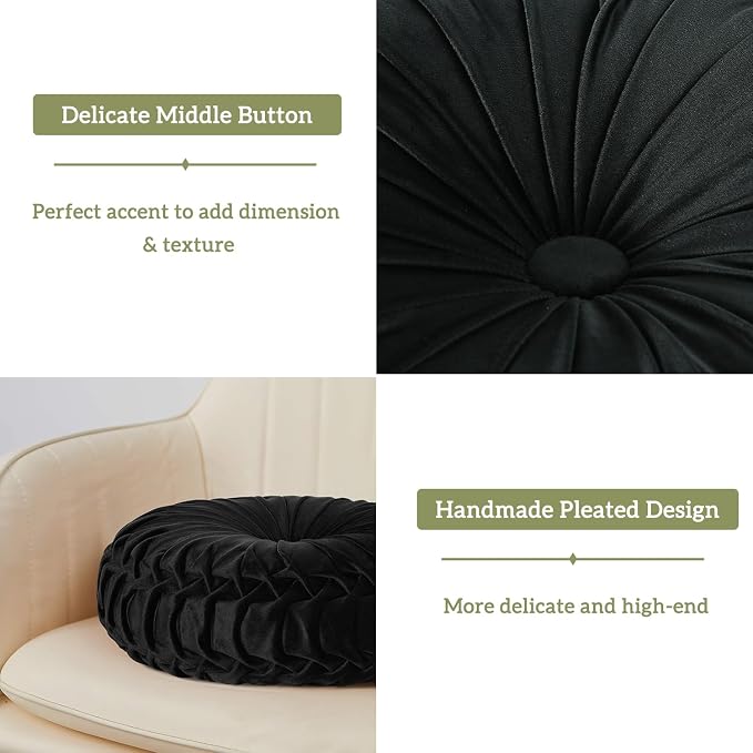 HIG Set of 2 Black Velvet Decorative Round Pleated Throw Pillows | Vintage - Image 3