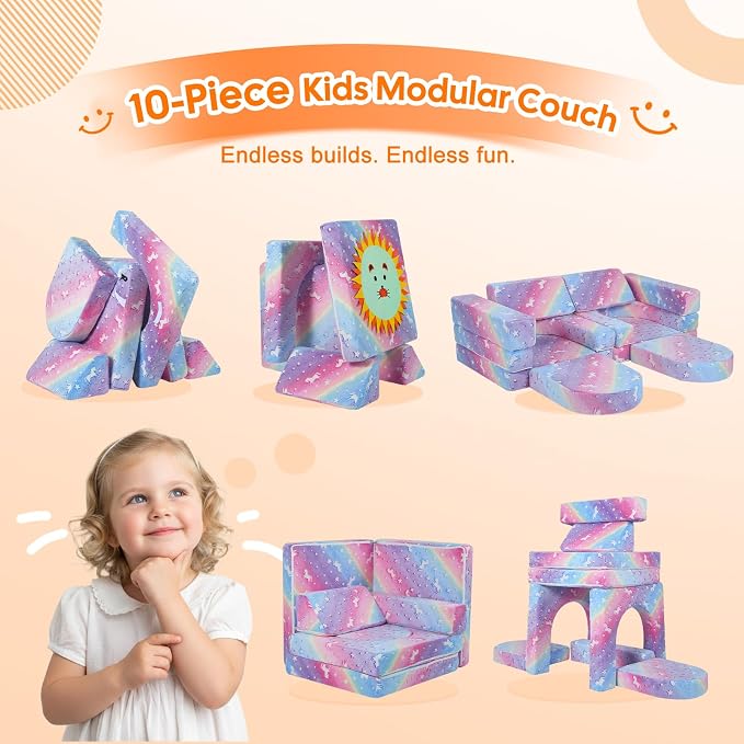 MeMoreCool 10-Piece Glow-in-the-Dark Rainbow Kids Modular Play Couch, - Image 6