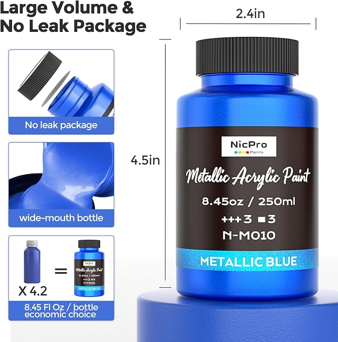 Nicpro Metallic Blue Acrylic Paint, 8.45oz/250ml Large Metallic Paint, Non Toxic - Image 6