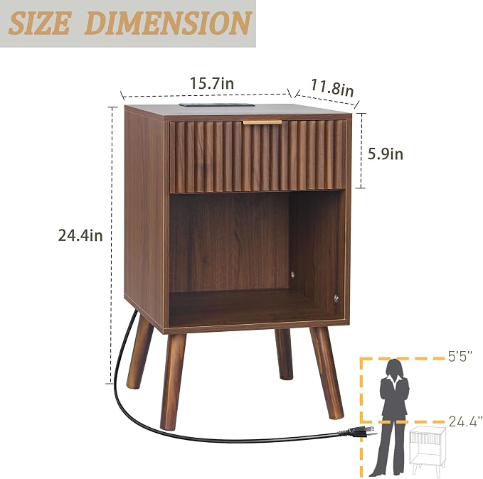Fultyle Nightstand with Charging Station, Fluted Night Stand with USB and Type - Image 3