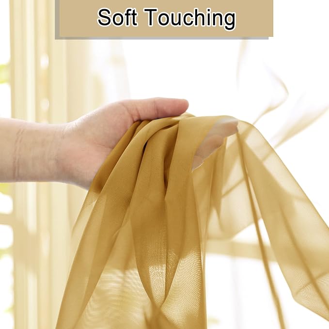 Gold Sheer Curtains 54 Inch Length 2 Panels, Light Filtering Voile Curtain - Image 7