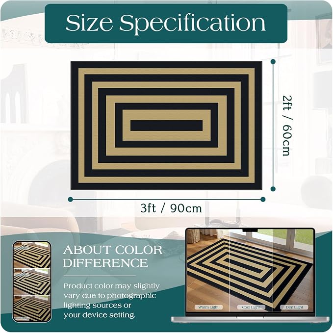 Front Door Mat Indoor Outside Entrance, 2x3 Black Tan Striped Rug | Non-Slip - Image 8
