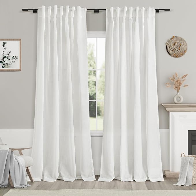 White Linen Curtains 98 Inches Long 2 Panels Set Back Tab Rod Pocket Semi Sheer by Nanspring