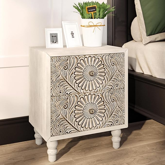 HOMPUS 2-Drawer Farmhouse Nightstand, Fully Assembled Boho Night Stand - Image 4
