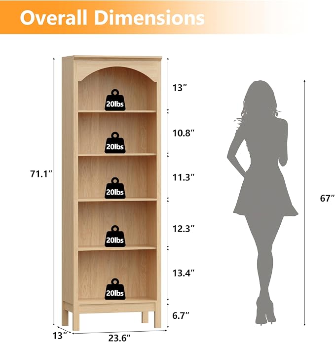 Arched Bookshelf with 5 Tier Open Shelves, Study and Living Room, Natural Oak - Image 2