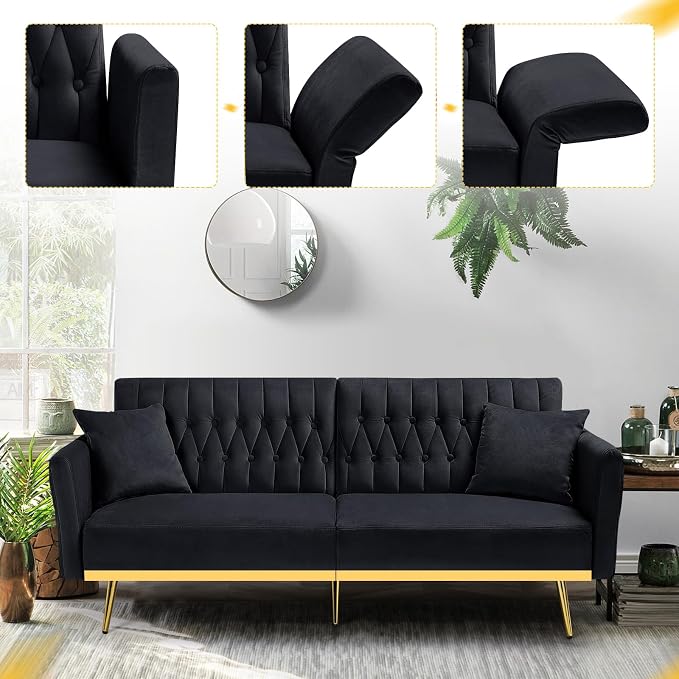 70” Velvet Futon Sofa Bed with 2 Pillows and Adjustable Armrests, Convertible - Image 6