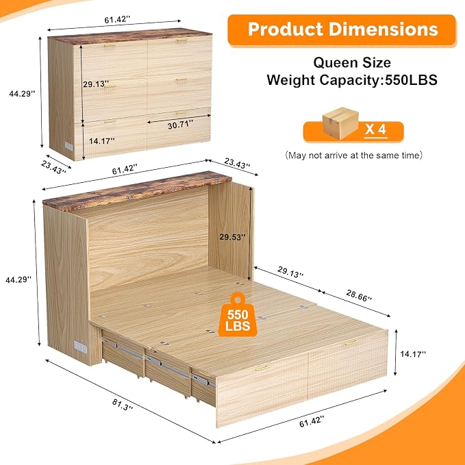 VINGLI Queen Murphy Bed with Storage Drawer, 2 Charging Station, Fluted Wooden - Image 3