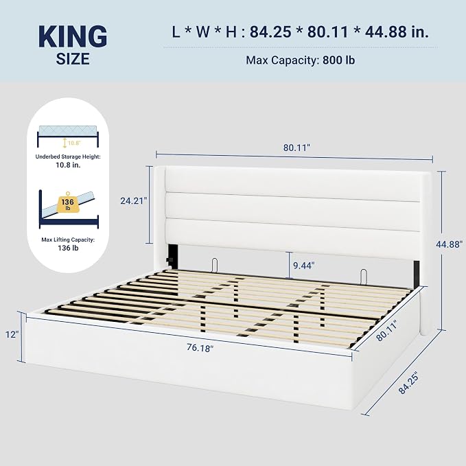 Allewie King Size Velvet Lift Up Storage Bed, Modern Wingback Headboard - Image 2