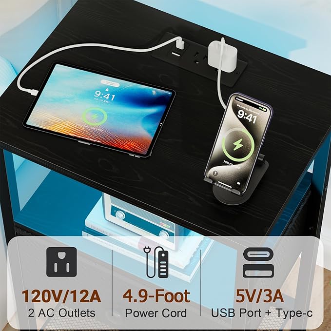 LOAKEKEL LED Night Stand with Charging Station, Small Bedside Table with USB - Image 4