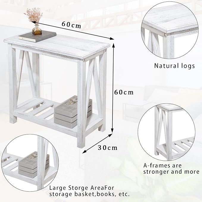 Farmhouse Narrow End Table Wooden Rustic White Side Tables - Image 3