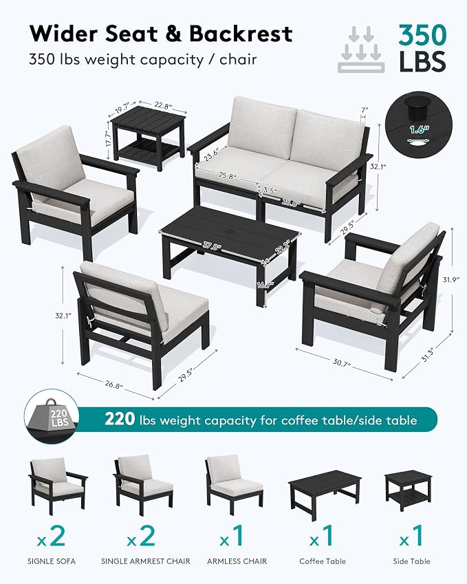 SERWALL HDPE Patio Furniture Set, 7-piece Outdoor Sectional Sofa Set, All - Image 2