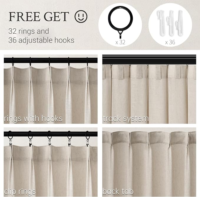 Topfinel Oatmeal Pinch Pleated Linen Curtains 84 Inch Length 2 Panels - Image 2
