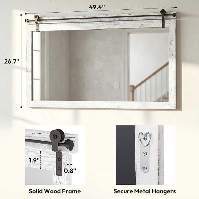 27"x49" Large Whitewashed Barn Door Wall Mirror, Horizontal Solid Wood Framed - Image 4
