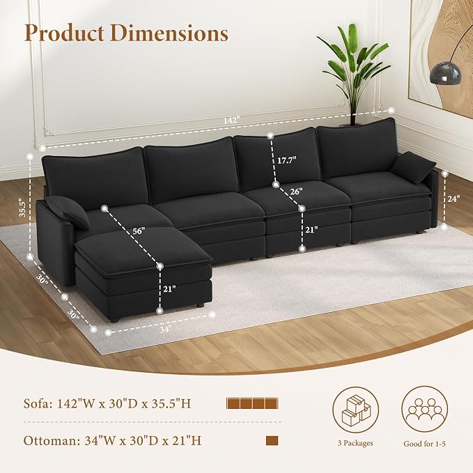 Vesgantti 142" Cloud Couch Sectional Modular Sofa, Comfy Sectional Couch - Image 2