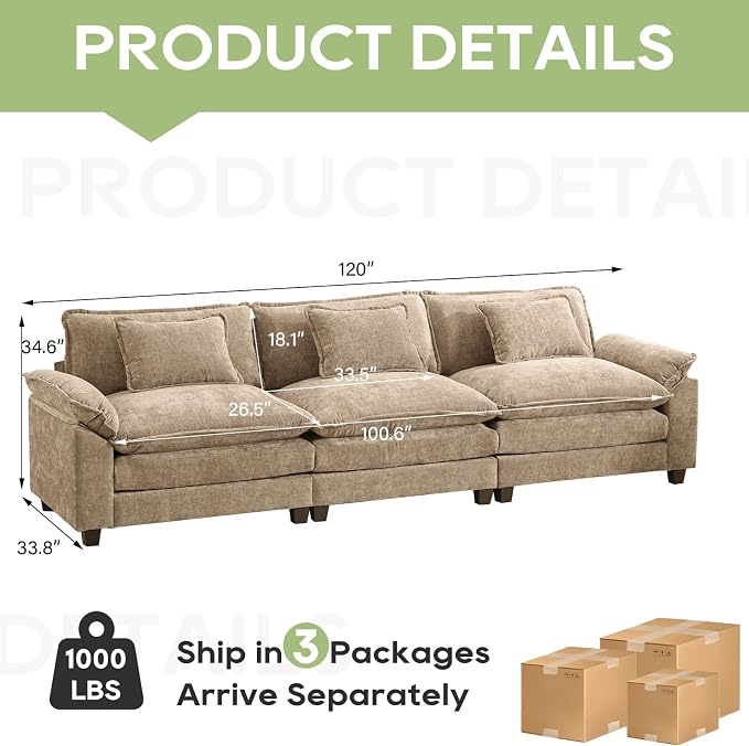 Oprisen 120" Modular Sectional Sofa, Comfy Cloud Couch Sectional, Chenille Sofa - Image 2