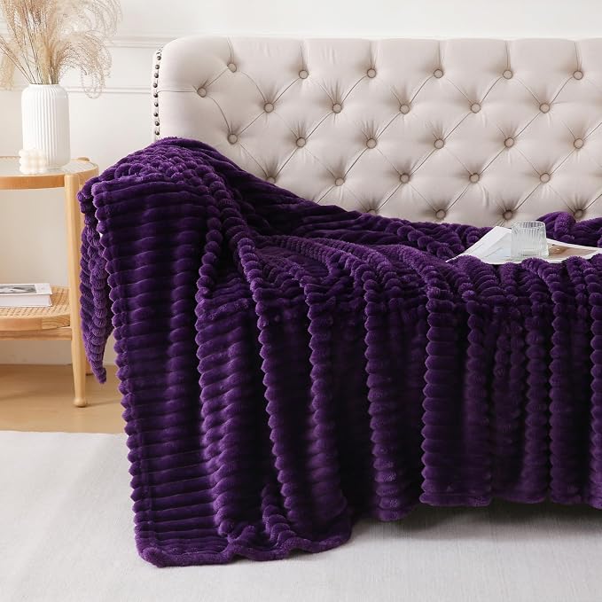 Deep Purple Throw Blanket for Couch Sofa 108"x90" Striped Design | Fleece - Image 5