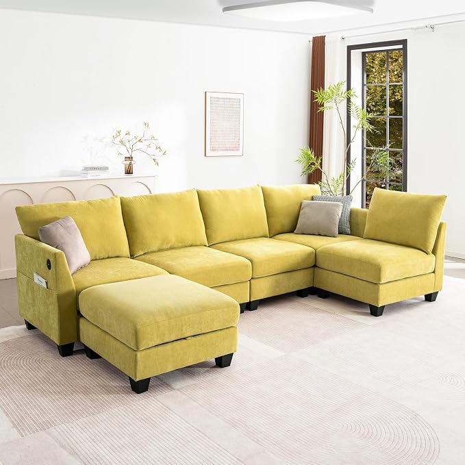 124" Modular Sectional Sofa, Modern Linen U-Shaped 6 Seater Sectional Sofa by ZXDesign