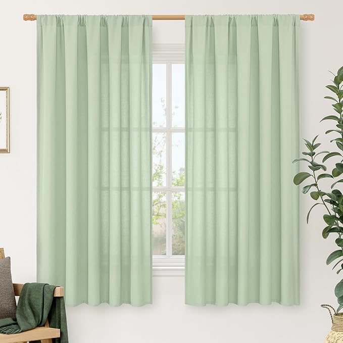 Light Green Linen Window Curtains 63 Inch Length by LAMIT
