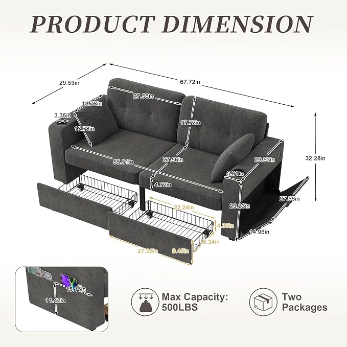 67" Small Loveseat Couch with Storage, USB Charging and Cup Holder, Space - Image 3