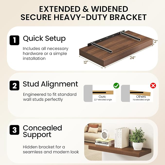 36Inch Walnut Floating Shelves for Wall, 12 Inch Deep Shelves for Bedroom - Image 6