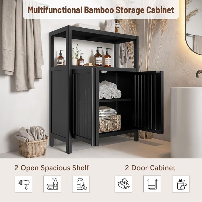 Bamboo Storage Cabinet Bathroom Floor Cabinet Side Storage Organizer Cabinet - Image 3