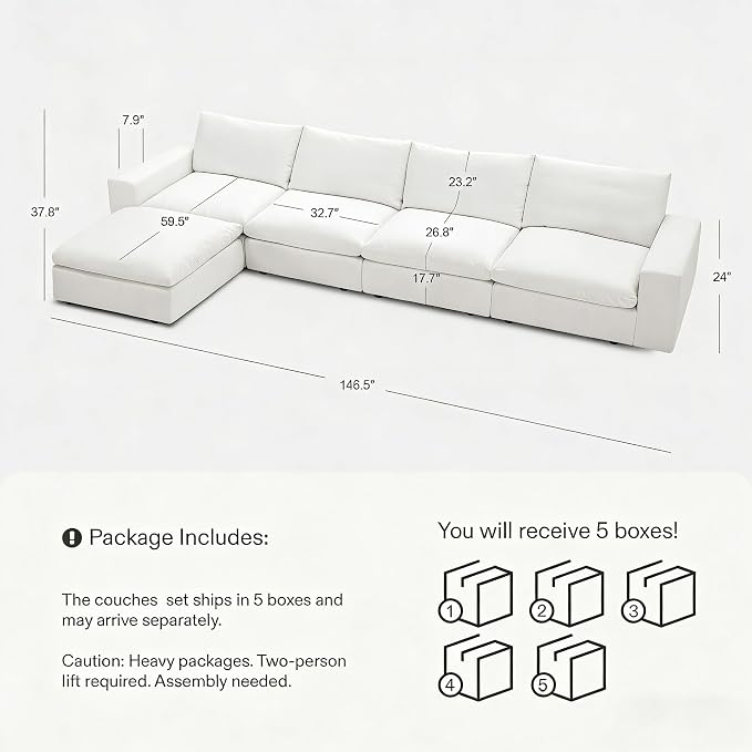 Cloud Couch Sectional 146.5'' Oversized Modular Deep Seat Sofa L Shaped Comfy - Image 2