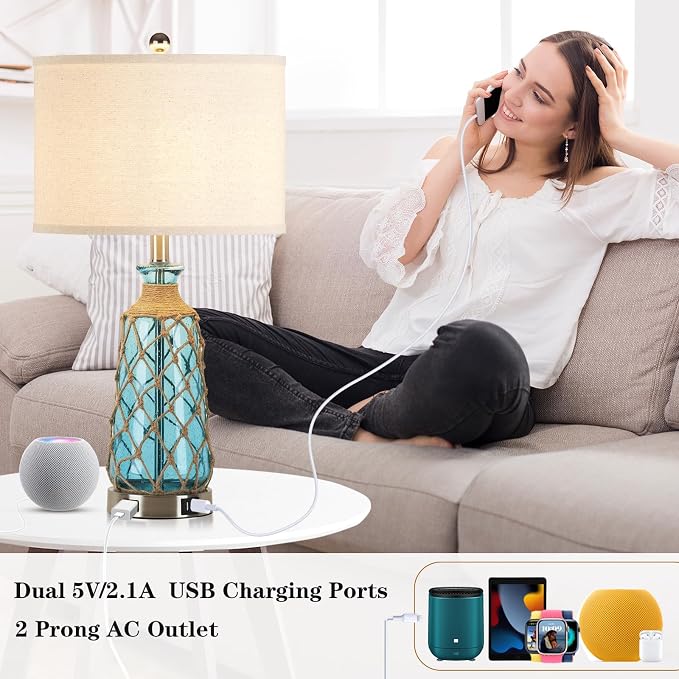Ruzectt 25.5" Coastal Glass Table Lamps Set of 2, 3-Way Dimmable Touch Control - Image 3