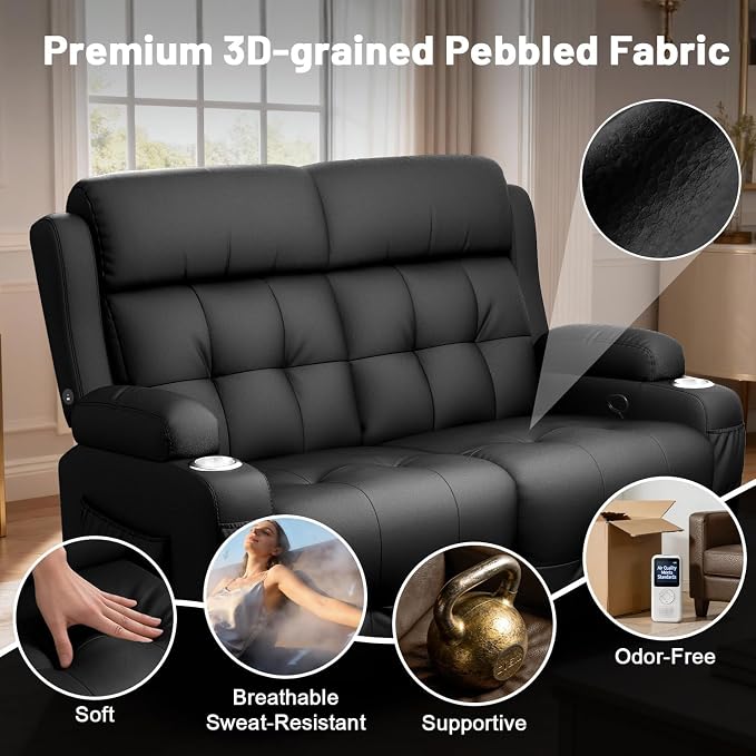 Reclining Loveseat with Pebble Texture Fabric, Loveseat Recliner with USB/Type - Image 5