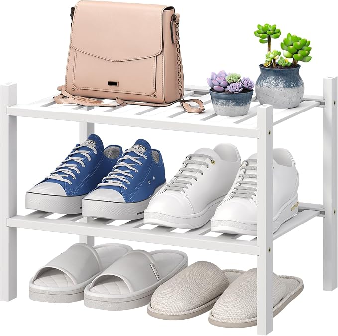viewcare White Small Shoe Rack for Entryway, 2-Tier Bamboo Shoe Organizer for by VIEWCARE