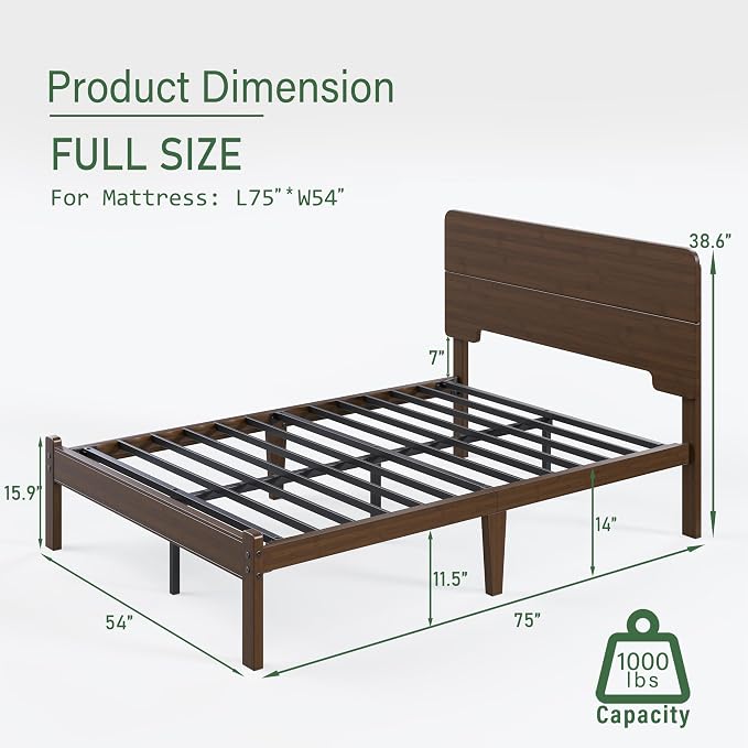 BOSRII 14in High Solid Bamboo Wood Platform Full Size Bed Frame - Image 2