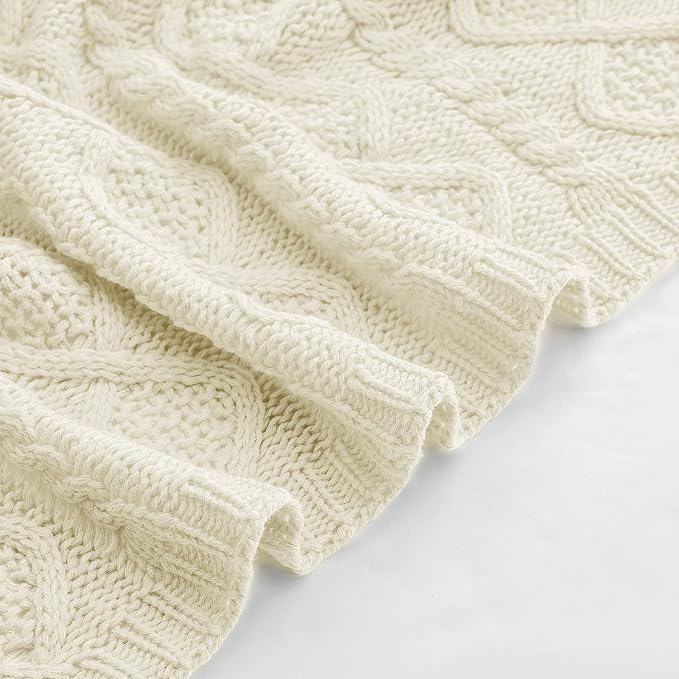 Homiest Cable Knit Throw Blanket & Pillow Set, Cream White Set of 3, Knitted - Image 7