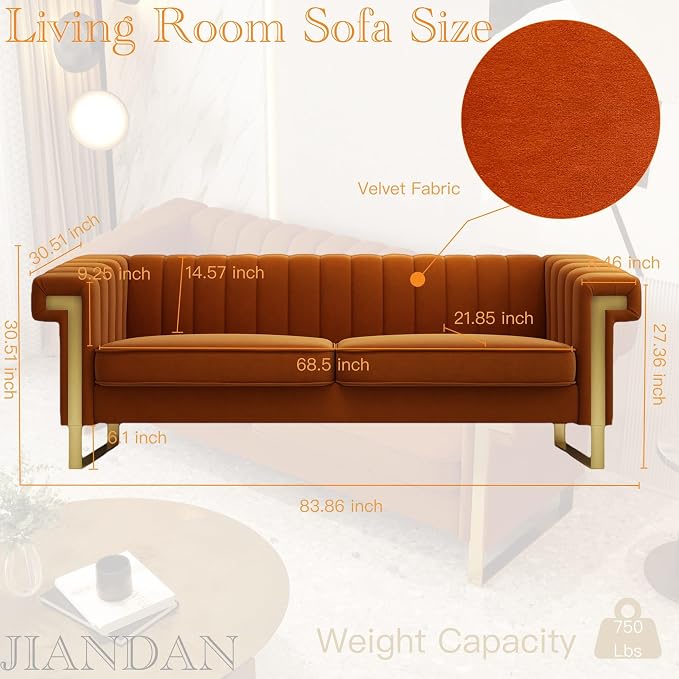 Mid-Century Modern Orange Velvet Sofa - Image 2
