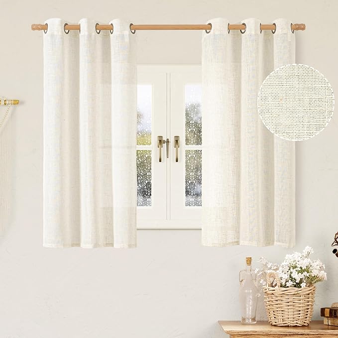 48 Inch Length Short Linen Kitchen Curtains 2 Panels, Cream Ivory | Light by LAMIT