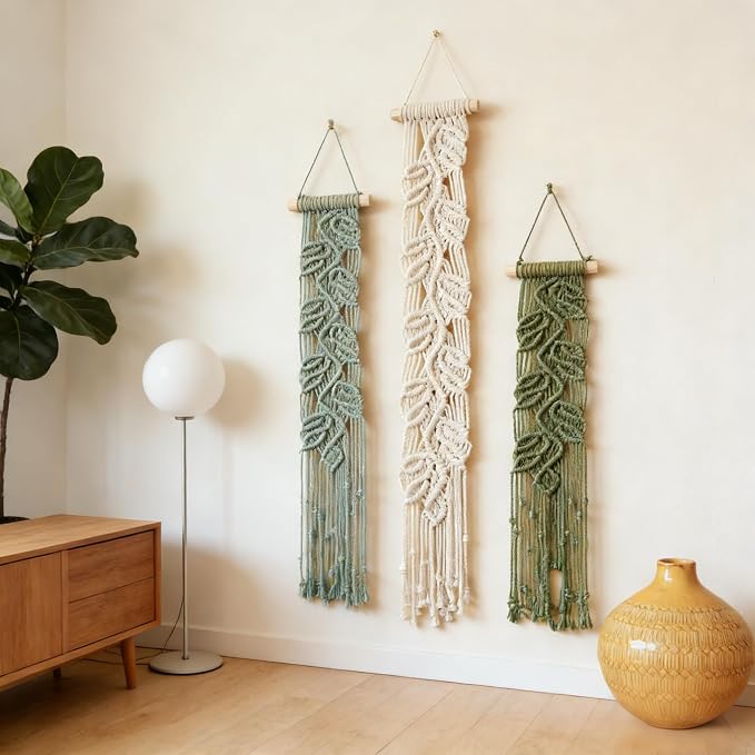 M MANUAL 3 Pcs Macrame Leaf Wall Hanging Bohemian Wall Decor Feathers Wall Art - Image 4