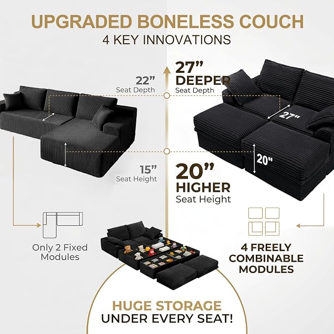 Upgrade Boneless Couch with Storage, Extra Deep&High Seat Modular Sectional - Image 6