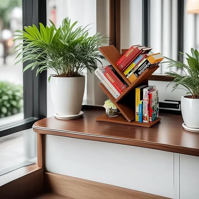 Godferyxin Tree Bookshelf, Small Bookshelf, 3 Tier Wood Mini Book Shelf and - Image 2