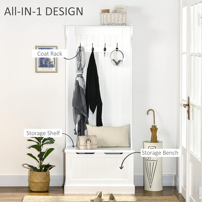 HOMCOM Hall Tree with Bench and Shoe Storage, 3-in-1 Entryway Bench with Coat - Image 3