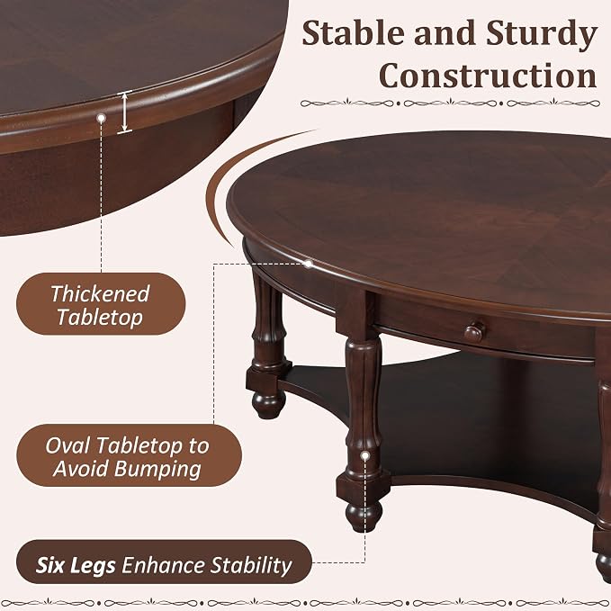 Merax 45" Vintage Oval Rubber Wood Coffee Table - Image 5