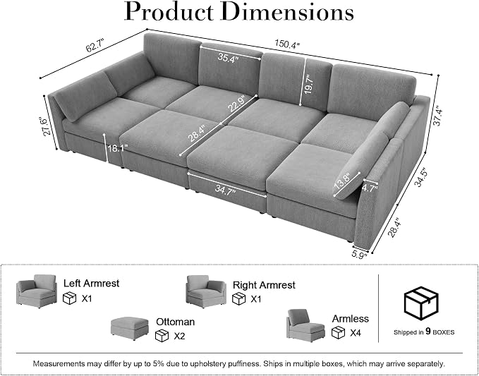 Oversized Modular Sectional Sleeper Couch, Solid Wood Frame, Removable Washable - Image 2