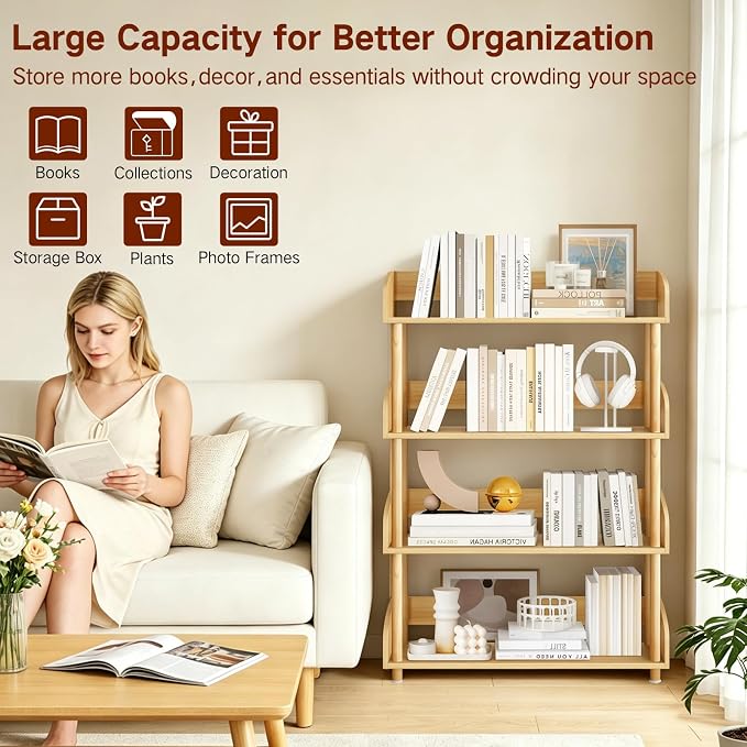 4-Tier Wooden Bookshelf, Modern Open Bookcase - Image 5
