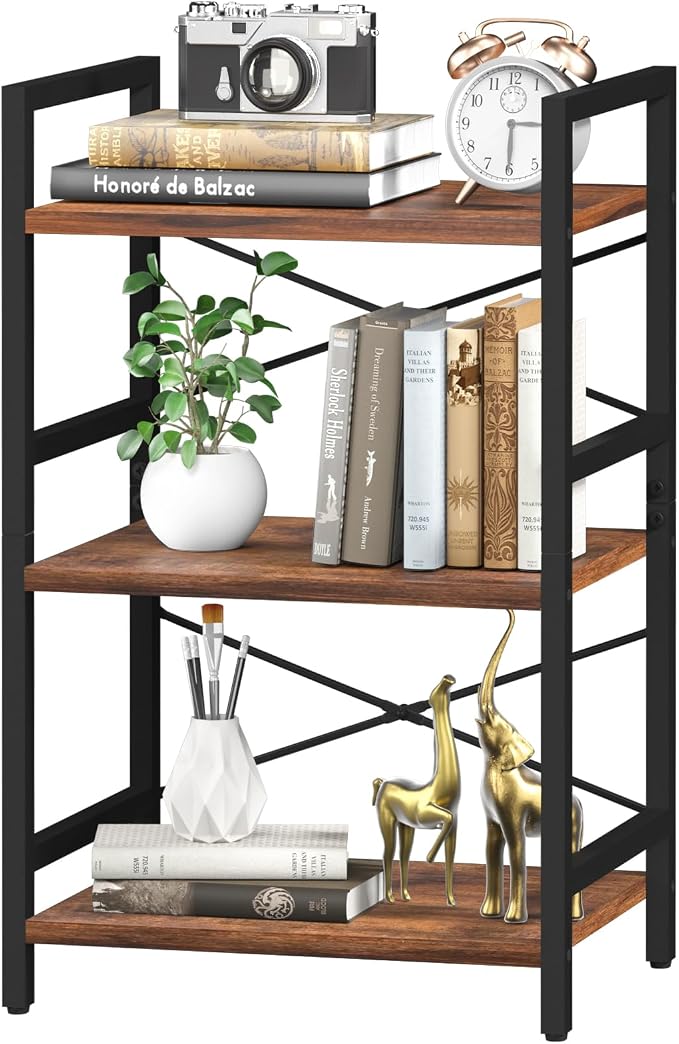 Yoobure Bookshelf Small Book Shelf, Solid Industrial 3 Tier Shelf Bookcase by Yoobure
